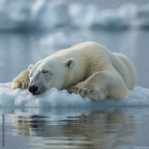 Illustration, a polar bear sleeps on an iceberg, unusual nature. Large animals of the North Pole.