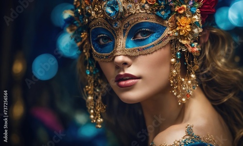 Beautiful young woman in a Venetian mask at the masquerade. ai generative