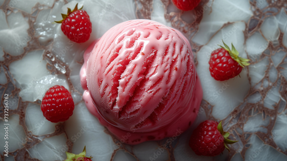 Raspberry Drizzle Over Pink Ice Cream Scoop with Berries on Side Raspberry Drizzle Over Pink Ice Cream Scoop with Berries on Side