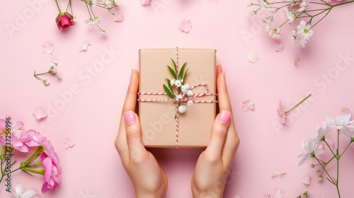 Hands presenting a handmade gift with delicate spring flowers and craft packaging. The tender act of giving captured in a simple yet elegant floral gift box.