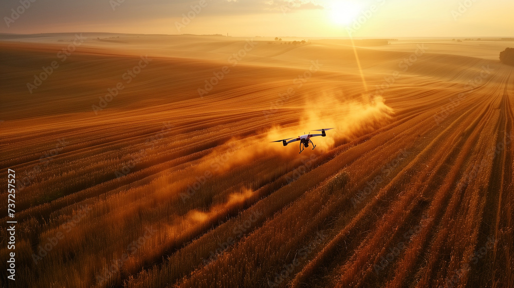 An agricultural drone flies over lush crops, conducting a precision farming survey in the warm light of sunset.. An agricultural drone flies over lush crops, conducting a precision farming survey in the warm light of sunset..