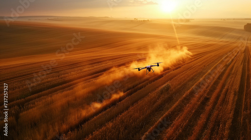 An agricultural drone flies over lush crops, conducting a precision farming survey in the warm light of sunset..