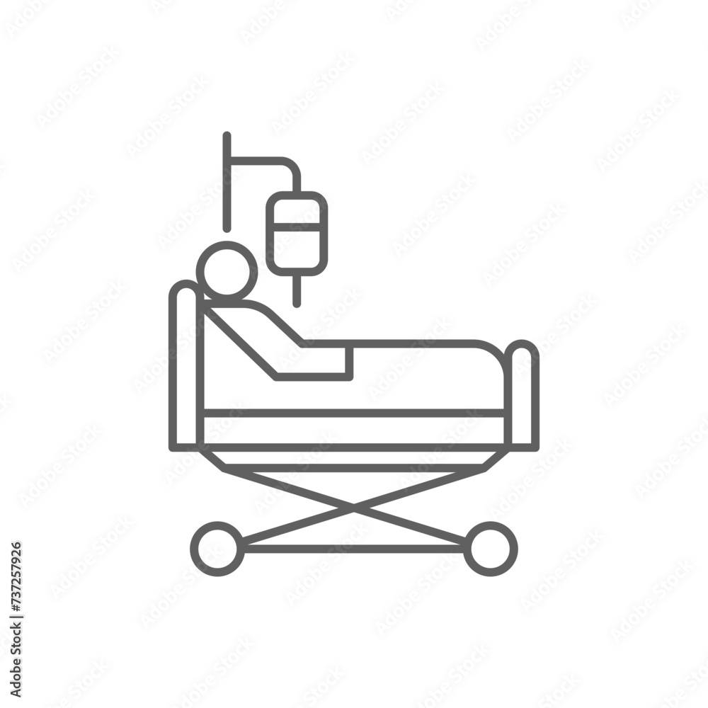 Man in a hospital bed icon. Simple outline style. Patient, person, sick man, ill, ward, lying, health, medical concept. Thin line symbol. Vector illustration isolated. Editable stroke. Man in a hospital bed icon. Simple outline style. Patient, person, sick man, ill, ward, lying, health, medical concept. Thin line symbol. Vector illustration isolated. Editable stroke.