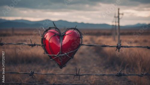 Red heart stuck in sharp fencing barbwire. AI generated photo