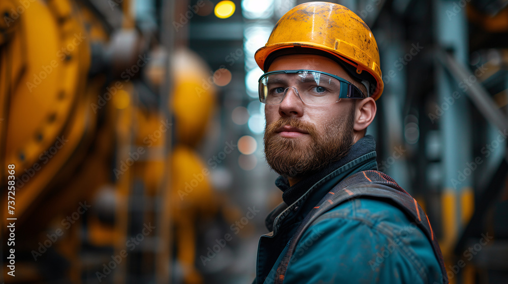 A focused engineer wearing a safety helmet and goggles conducts an inspection of operational machinery in a factory. A focused engineer wearing a safety helmet and goggles conducts an inspection of operational machinery in a factory.