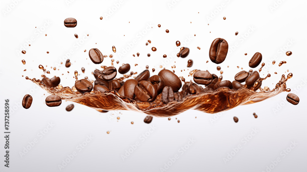 Fototapeta premium splashing coffee with coffee beans, isolated on white background, 3d rendering