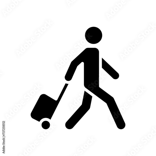 Traveler man icon. Simple solid style. Passenger pulling rolling bag, business trip, vacation, tourism concept. Black silhouette, glyph symbol. Vector illustration isolated.