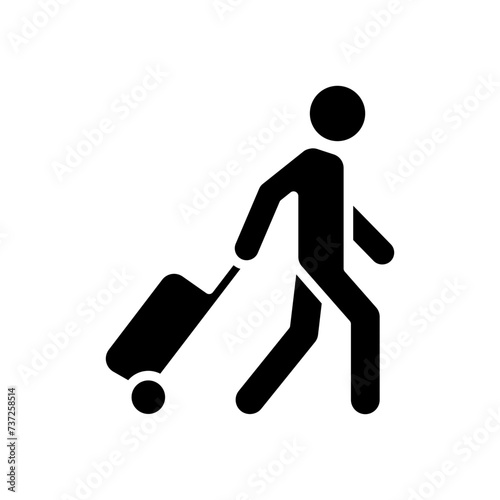 Traveler man icon. Simple solid style. Passenger pulling rolling bag, business trip, vacation, tourism concept. Black silhouette, glyph symbol. Vector illustration isolated.