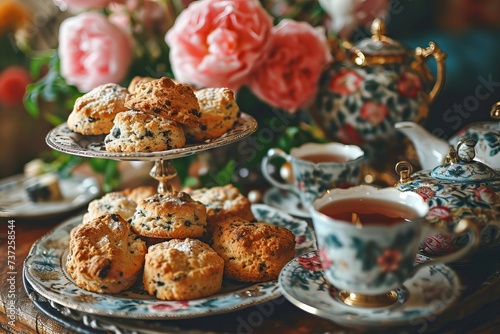 Tea and scones on a tray in...