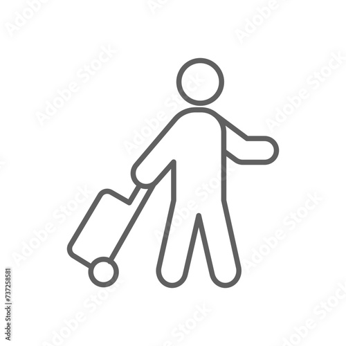Traveler man icon. Simple outline style. Passenger pulling rolling bag, business trip, vacation, tourism concept. Thin line symbol. Vector illustration isolated. Editable stroke.