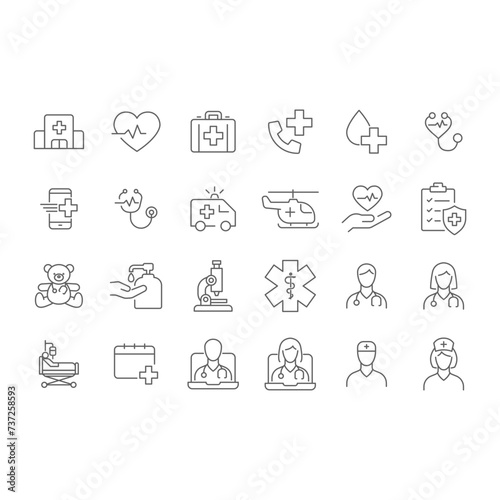 Hospital and medical care icon set. Simple outline style. Health, hospital, medical, doctor, patient, nurse, healthcare concept. Thin line symbol. Vector illustration isolated. Editable stroke.