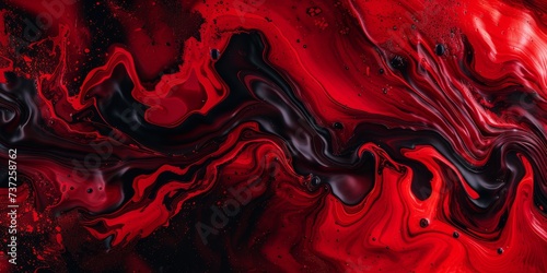 Red Liquid with Black Swirls in the Style of Dark foreboding Colors - Realistic Textures Abstraction Creation Marble Unearthly Chaotic Environments Background created with Generative AI Technology #737258762