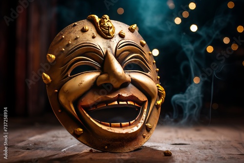 A close-up of a theater mask with emotions