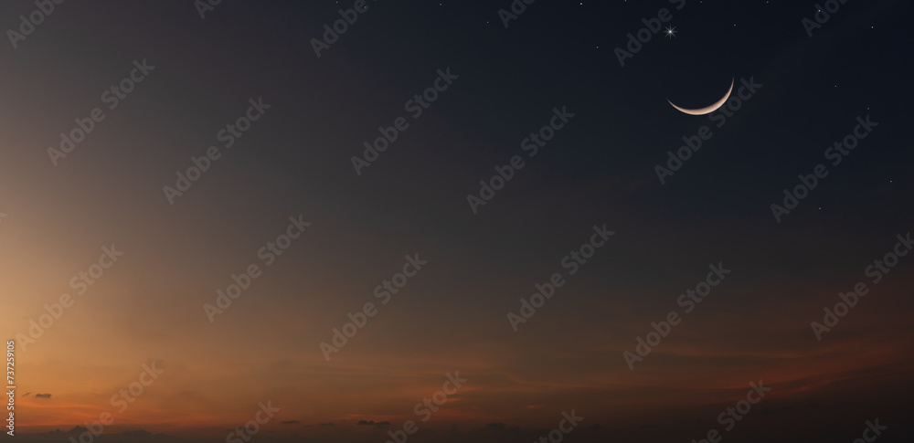 Crescent and stars on dusk sky twilight after sundown, end of day light, Religion of Islamic well space for text Ramadan Kareem, Eid Al Adha, Eid Mubarak, Eid Al Fitr Crescent and stars on dusk sky twilight after sundown, end of day light, Religion of Islamic well space for text Ramadan Kareem, Eid Al Adha, Eid Mubarak, Eid Al Fitr