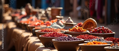 open air spice bazar with bowls full of colorful condiments