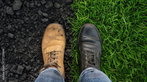 feet on the ground with work shoes on grass and half carbon