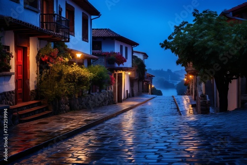 A quiet street bathed in the colors of blue hour