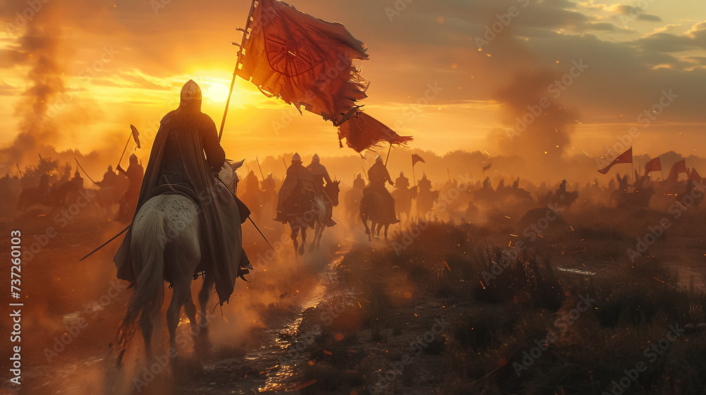 an epic medieval battle scene at dawn with the first light illuminating a vast battlefield Armored knights on horseback charge towards enemy lines with archers readying their bows in - obrazy, fototapety, plakaty 