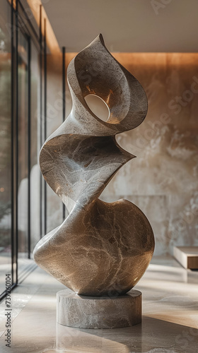 an artistic marble sculpture displayed in a contemporary gallery setting Focus on the sculptures smooth flowing lines and the detailed craftsmanship with soft lighting accentuating the