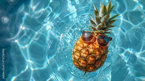 Pineapple in sunglasses floating in a pool on a sunny summer day. The concept of summer vacation, travel, vacation, relaxation. Generative AI.	
