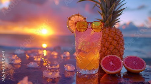 Pineapple and a summer cocktail with sunglasses on the sunset seaside. The concept of summer vacation, travel, vacation, relaxation. Generative AI