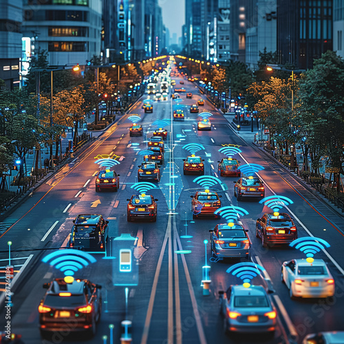 Create an image of a fleet of smart cars in a highly connected smart city Show various types of vehicles communicating with traffic systems pedestrian zones and each other through advanced photo