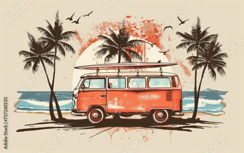 a vintage van with palm trees and surfboards hanging from it, in the style of retro vintage, travel --ar 8:5 --style raw --stylize 50 --v 6 Job ID: 80f752e4-0b6f-4fb4-8b09-d3311b27eda8