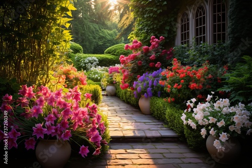 A serene garden with colorful afternoon blooms