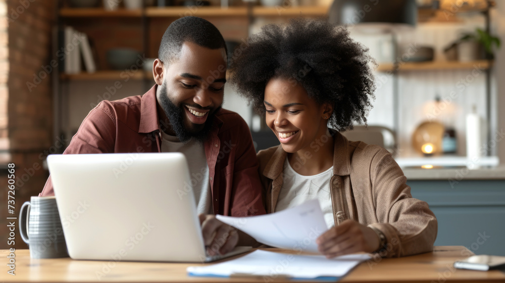 Happy african young couple use laptop planning with bills and paying bill, credit card, finance, money, business and online banking, financial managing budget and accounting concept