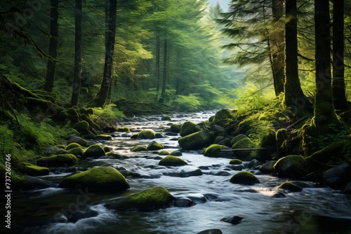 A tranquil mountain stream flowing through a forest