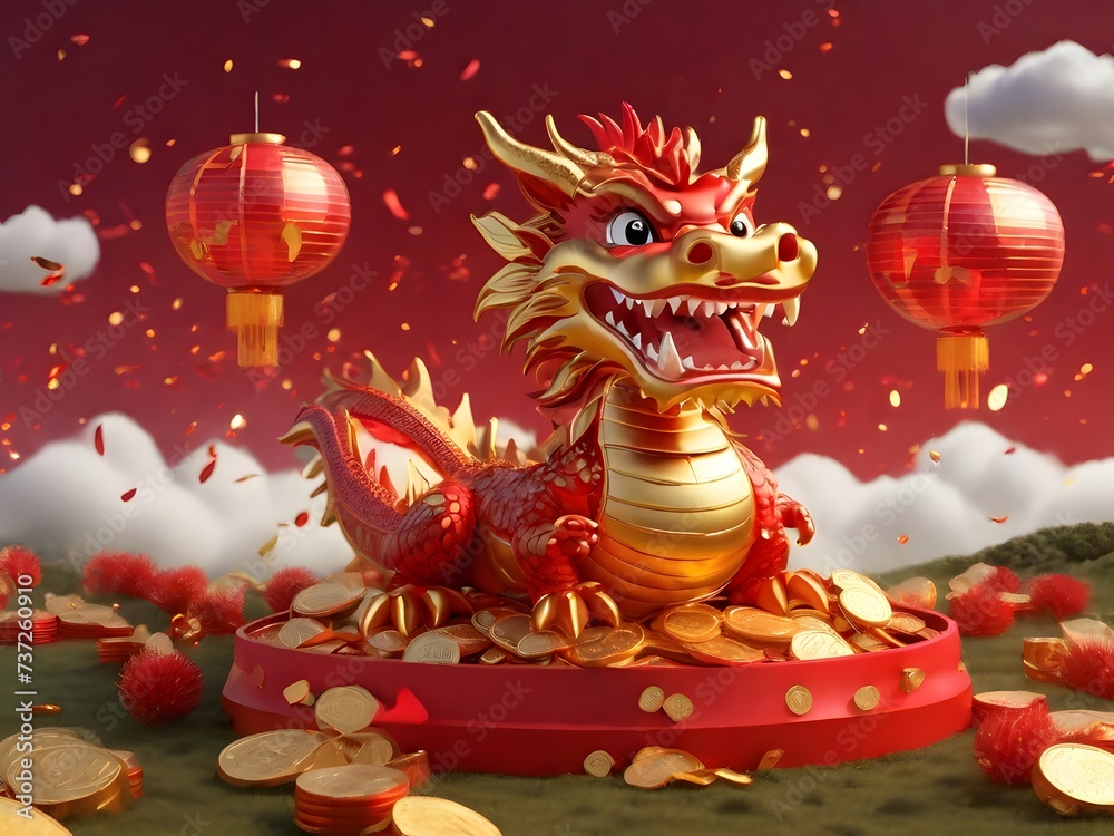 Chinese New Year celebrations with a dragon, festive decorations, gifts, and symbols of prosperity amidst winter festivities and Christmas decorations