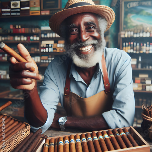 Smiling old caribbean man selling cigars at his tobacco shop

 photo