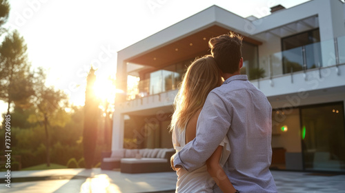 Real estate concept in a new home, buying house and real estate, business financial, bank, Happy young couple standing in front of a new white modern house