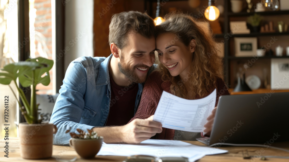 Happy young couple use laptop planning with bills and paying bill, credit card, finance, money, business and online banking, financial managing budget and accounting concept Happy young couple use laptop planning with bills and paying bill, credit card, finance, money, business and online banking, financial managing budget and accounting concept
