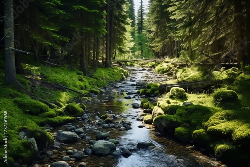 Crystal clear stream meandering through evergreen woods