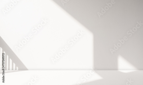 Empty White concrete wall room Studio background with soft sunlight overlay and cement floor perspective reflection well Display products and text presentation on free space Backdrop