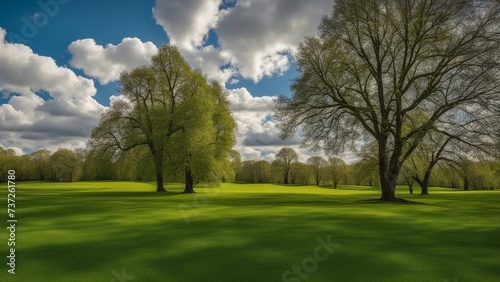trees in the park a spring park with green grass and trees under a blue sky with clouds The photo shows a wide view 