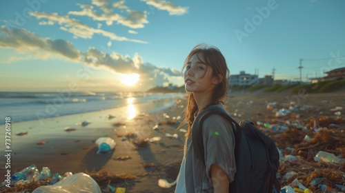 Young woman collecting garbage on the beach in her neigbourhood on sunny day photo