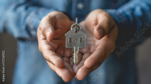 Close-up of hands holding house key. concept of home ownership and investment. clear focus on key with gentle bokeh background. perfect for real estate themes. AI