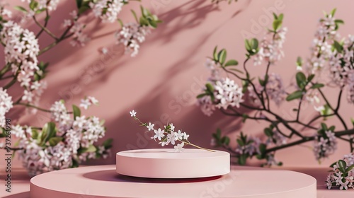 Springtime minimal round 3D podium with blooming flower in the background