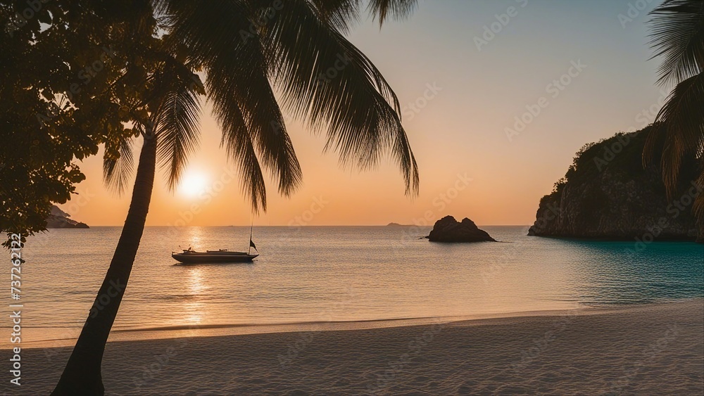 Fototapeta premium sunset at the beach a boat is on the beach at sunset 