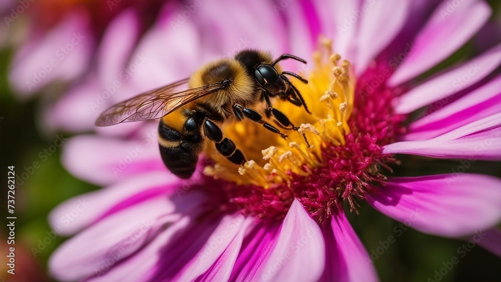 bee on flower A bee on a flower with a blurred background. The bee is yellow and black, with fuzzy hairs bee on flower A bee on a flower with a blurred background. The bee is yellow and black, with fuzzy hairs