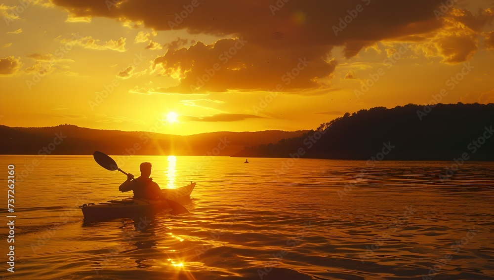 Serene sunset kayaking adventure on a tranquil lake. peaceful water activity in evening light. outdoor exploration, simple joys of life. AI