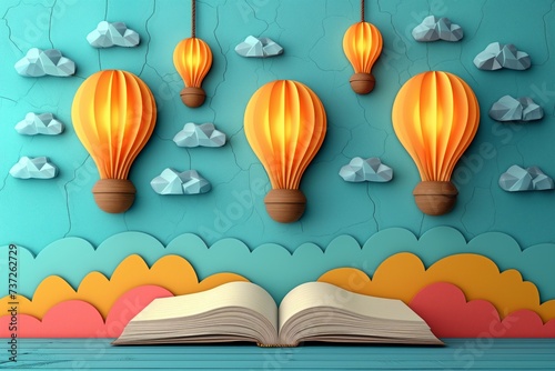 Open Book with Colorful Hot Air Balloons and Paper Clouds on Blue Background - Creative Concept Art