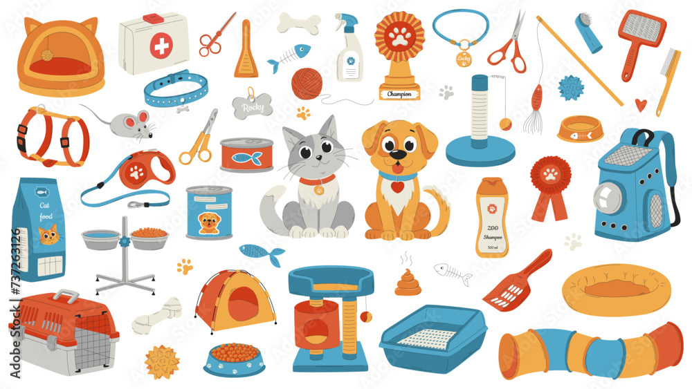 A set of elements for pet care. Cat and dog, smiling characters. Accessories, toys, grooming, food. A flat vector illustration isolated on a white background
