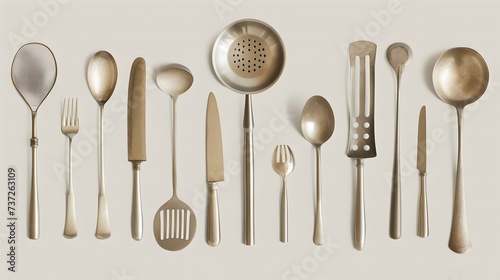 Assorted silver kitchen utensils laid out neatly on a light background  home and restaurant use. culinary equipment in classic style. elegance in dining accessories. AI