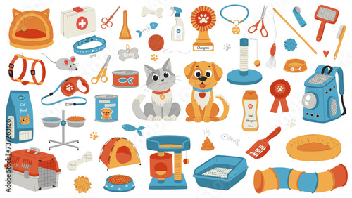 A set of elements for pet care. Cat and dog, smiling characters. Accessories, toys, grooming, food. A flat vector illustration isolated on a white background