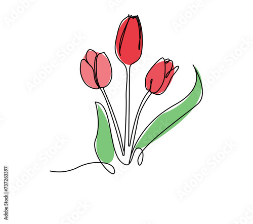 Tulip one line drawing. Flower one line. Abstract flower continuous line. Minimalist contour drawing of tulip. Continuous line drawing of flower tulip. Hand drawn sketch of flower with leaves.