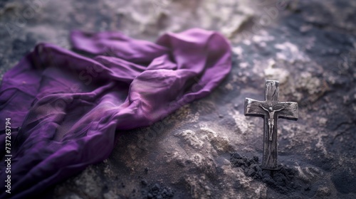 beautiful cross carved on a stone with a purple robe in a cave. holy week concept photo