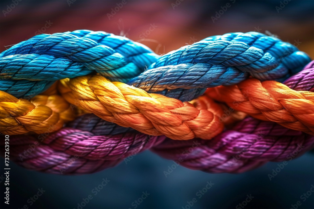 Diverse strengths are connected by a team rope to form partnerships ...